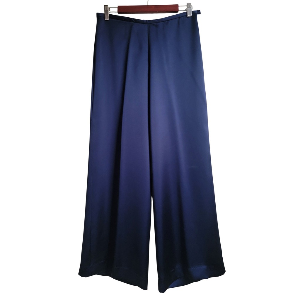 Trina Turk Navy Blue‎ Fluid Satin Low Rise Wide Leg Palazzo Trousers Pants Sze 2